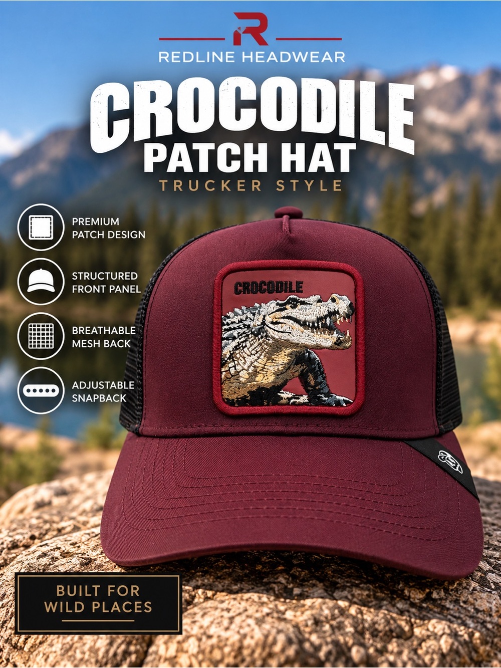 Crocodile Patch Trucker Hat Burgundy Maroon Snapback Embroidered Animal Cap
